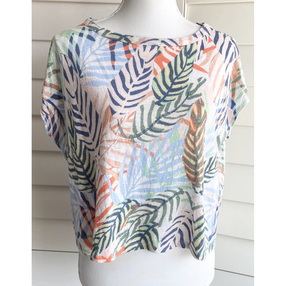Tahari 100% Linen Tropical Leaf Print Crop Top M Lightweight Resort Beach Boho